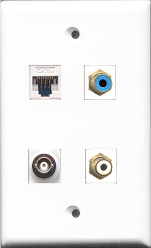 RiteAV 1 Port RCA White and 1 Port RCA Blue and 1 Port BNC and 1 Port Cat5e Ethernet White Wall Plate