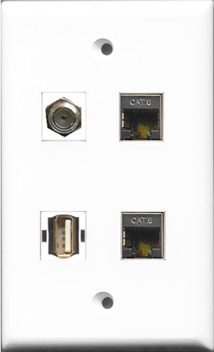 RiteAV 1 Port Coax Cable TV- F-Type and 1 Port USB A-A 2 Port Shielded Cat6 Ethernet Wall Plate