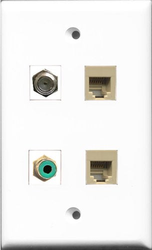 RiteAV 1 Port RCA Green and 1 Port Coax Cable TV- F-Type 2 Port Phone RJ11 RJ12 Beige Wall Plate