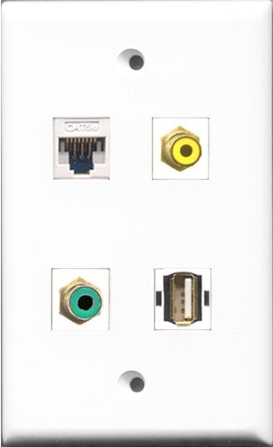 RiteAV 1 Port RCA Yellow and 1 Port RCA Green and 1 Port USB A-A and 1 Port Cat5e Ethernet White Wall Plate