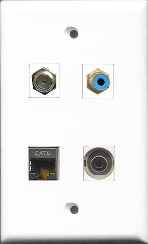 RiteAV 1 Port RCA Blue and 1 Port Coax Cable TV- F-Type and 1 Port Shielded Cat6 Ethernet and 1 Port 3.5mm Wall Plate