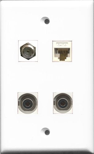 RiteAV 1 Port Coax Cable TV- F-Type 2 Port 3.5mm and 1 Port Cat6 Ethernet White Wall Plate