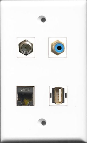 RiteAV 1 Port RCA Blue and 1 Port Coax Cable TV- F-Type and 1 Port USB A-A and 1 Port Shielded Cat6 Ethernet Wall Plate