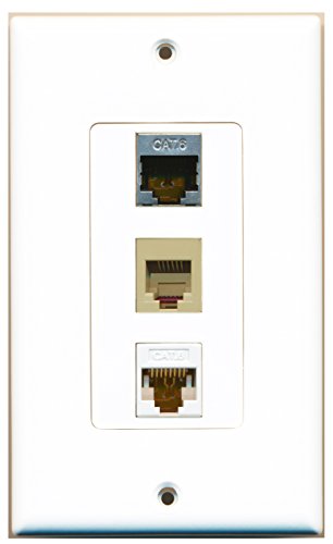 RiteAV - 1 Port Phone RJ11 RJ12 Beige and 1 Port Shielded Cat6 Ethernet and 1 Port Cat6 Ethernet White Decorative Wall Plate Decorative