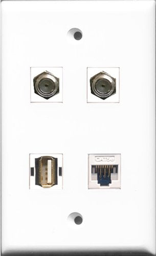 RiteAV - 2 Port Coax Cable TV- F-Type and 1 Port USB A-A and 1 Port Cat5e Ethernet White Wall Plate