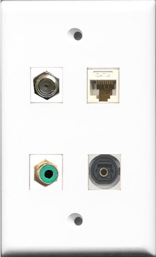 RiteAV 1 Port RCA Green and 1 Port Coax Cable TV- F-Type and 1 Port Toslink and 1 Port Cat6 Ethernet White Wall Plate