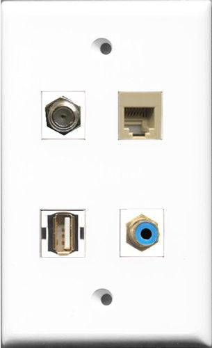 RiteAV 1 Port RCA Blue and 1 Port Coax Cable TV- F-Type and 1 Port Phone RJ11 RJ12 Beige and 1 Port Shielded Cat6 Ethernet Wall Plate