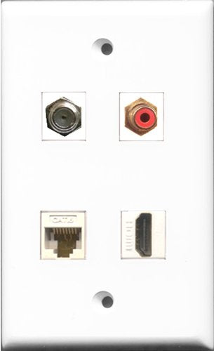 RiteAV 1 Port HDMI and 1 Port RCA Red and 1 Port Coax Cable TV- F-Type and 1 Port Cat6 Ethernet White Wall Plate
