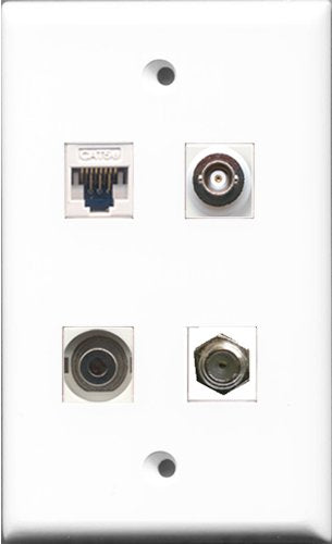 RiteAV - 1 Port Coax Cable TV- F-Type and 1 Port 3.5mm and 1 Port BNC and 1 Port Cat5e Ethernet White Wall Plate