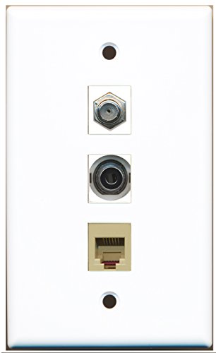 RiteAV - 1 Port Coax Cable TV- F-Type and 1 Port Phone RJ11 RJ12 Beige and 1 Port 3.5mm Wall Plate