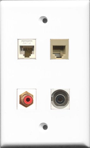 RiteAV 1 Port RCA Red and 1 Port Phone RJ11 RJ12 Beige and 1 Port 3.5mm and 1 Port Cat6 Ethernet White Wall Plate