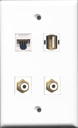 RiteAV - 2 Port RCA White and 1 Port USB A-A and 1 Port Cat5e Ethernet White Wall Plate