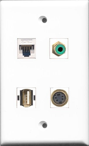 RiteAV 1 Port RCA Green and 1 Port USB A-A and 1 Port S-Video and 1 Port Cat5e Ethernet White Wall Plate