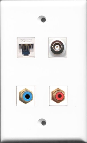 RiteAV - 1 Port RCA Red and 1 Port RCA Blue and 1 Port BNC and 1 Port Cat5e Ethernet White Wall Plate