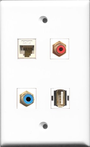 RiteAV 1 Port RCA Red and 1 Port RCA Blue and 1 Port USB A-A and 1 Port Cat6 Ethernet White Wall Plate
