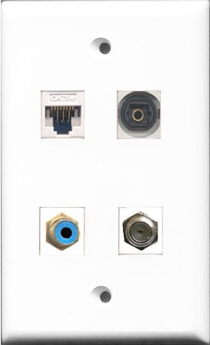 RiteAV 1 Port RCA Blue and 1 Port Coax Cable TV- F-Type and 1 Port Toslink and 1 Port Cat5e Ethernet White Wall Plate