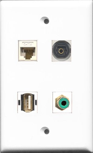 RiteAV 1 Port RCA Green and 1 Port USB A-A and 1 Port Toslink and 1 Port Cat6 Ethernet White Wall Plate