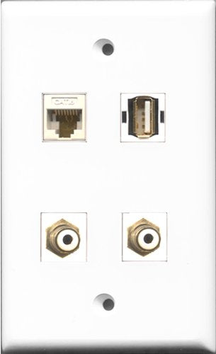 RiteAV - 2 Port RCA White and 1 Port USB A-A and 1 Port Cat6 Ethernet White Wall Plate
