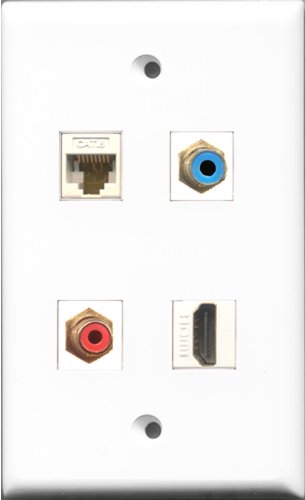 RiteAV 1 Port HDMI and 1 Port RCA Red and 1 Port RCA Blue and 1 Port Cat6 Ethernet White Wall Plate