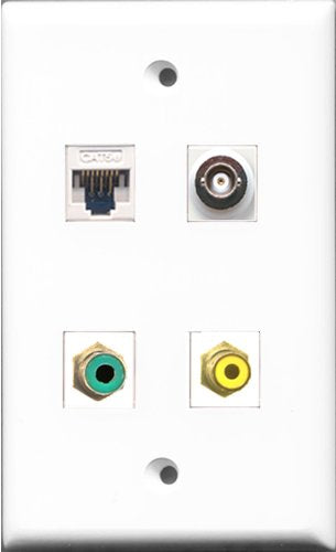 RiteAV - 1 Port RCA Yellow and 1 Port RCA Green and 1 Port BNC and 1 Port Cat5e Ethernet White Wall Plate