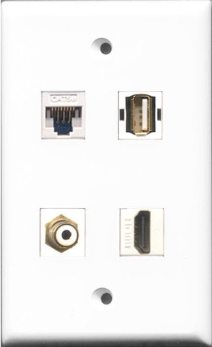 RiteAV 1 Port HDMI and 1 Port RCA White and 1 Port USB A-A and 1 Port Cat5e Ethernet White Wall Plate