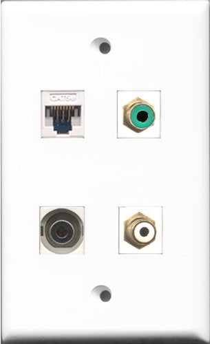 RiteAV 1 Port RCA White and 1 Port RCA Green and 1 Port 3.5mm and 1 Port Cat5e Ethernet White Wall Plate
