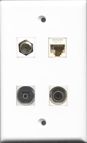 RiteAV 1 Port Coax Cable TV- F-Type and 1 Port Toslink and 1 Port 3.5mm and 1 Port Cat6 Ethernet White Wall Plate