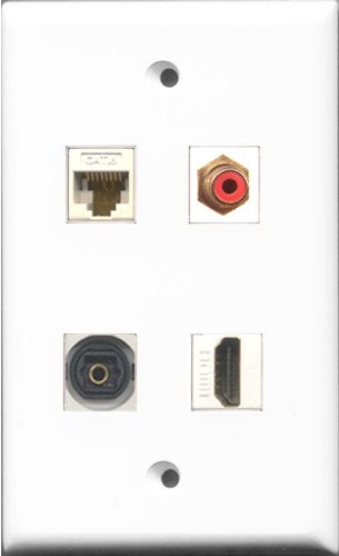 RiteAV 1 Port HDMI and 1 Port RCA Red and 1 Port Toslink and 1 Port Cat6 Ethernet White Wall Plate