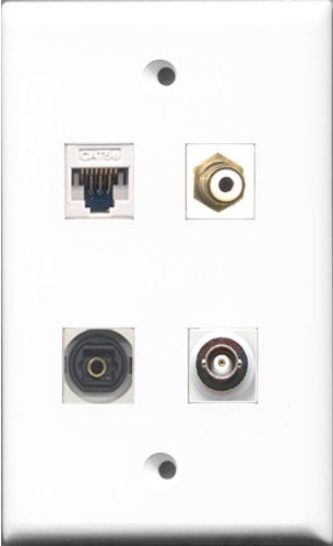 RiteAV 1 Port RCA White and 1 Port Toslink and 1 Port BNC and 1 Port Cat5e Ethernet White Wall Plate