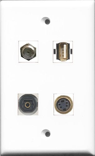 RiteAV 1 Port Coax Cable TV- F-Type and 1 Port USB A-A and 1 Port S-Video and 1 Port Toslink Wall Plate