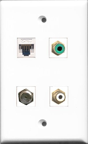 RiteAV 1 Port RCA White and 1 Port RCA Green and 1 Port Coax Cable TV- F-Type and 1 Port Cat5e Ethernet White Wall Plate