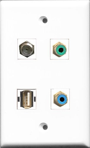RiteAV 1 Port RCA Green and 1 Port RCA Blue and 1 Port Coax Cable TV- F-Type and 1 Port Shielded Cat6 Ethernet Wall Plate