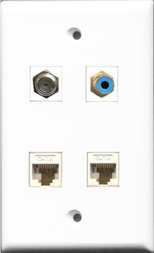 RiteAV 1 Port RCA Blue and 1 Port Coax Cable TV- F-Type 2 Port Cat6 Ethernet White Wall Plate