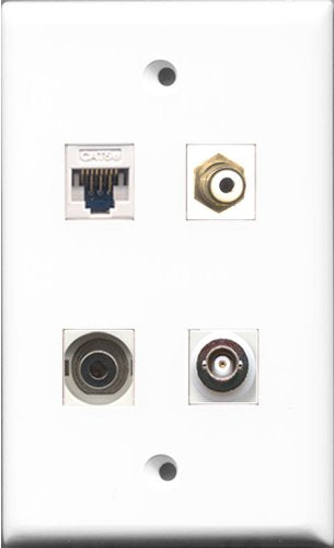 RiteAV 1 Port RCA White and 1 Port 3.5mm and 1 Port BNC and 1 Port Cat5e Ethernet White Wall Plate
