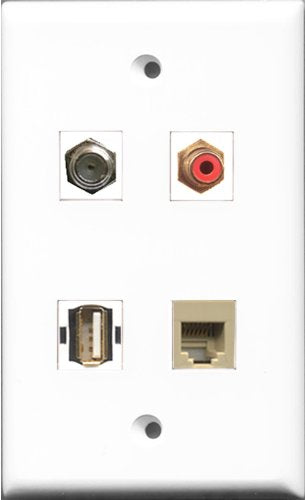 RiteAV 1 Port RCA Red and 1 Port Coax Cable TV- F-Type and 1 Port USB A-A and 1 Port Phone RJ11 RJ12 Beige Wall Plate