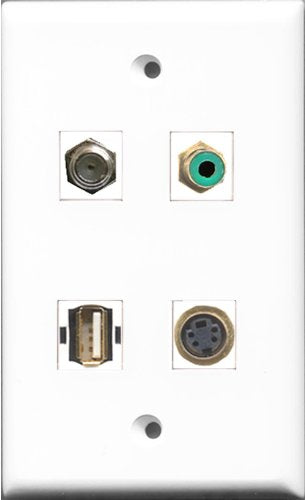 RiteAV 1 Port RCA Green and 1 Port Coax Cable TV- F-Type and 1 Port USB A-A and 1 Port S-Video Wall Plate