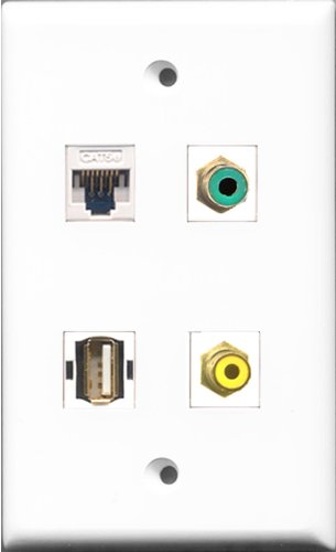 RiteAV 1 Port RCA Yellow and 1 Port RCA Green and 1 Port USB A-A and 1 Port Cat5e Ethernet White Wall Plate