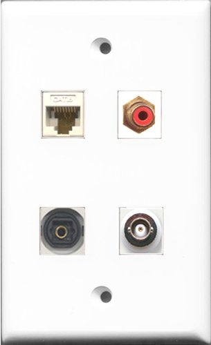 RiteAV 1 Port RCA Red and 1 Port Toslink and 1 Port BNC and 1 Port Cat6 Ethernet White Wall Plate
