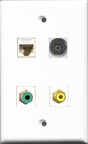 RiteAV 1 Port RCA Yellow and 1 Port RCA Green and 1 Port Toslink and 1 Port Cat6 Ethernet White Wall Plate