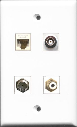 RiteAV 1 Port RCA White and 1 Port Coax Cable TV- F-Type and 1 Port BNC and 1 Port Cat6 Ethernet White Wall Plate