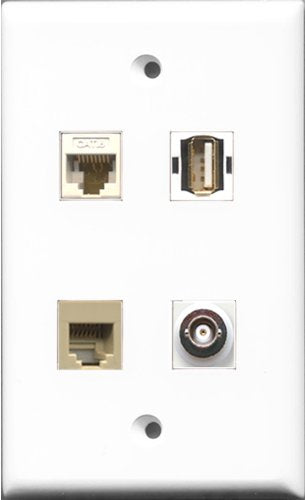 RiteAV 1 Port USB A-A and 1 Port Phone RJ11 RJ12 Beige and 1 Port BNC and 1 Port Cat6 Ethernet White Wall Plate