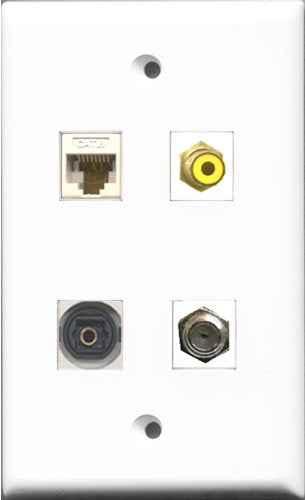 RiteAV 1 Port RCA Yellow and 1 Port Coax Cable TV- F-Type and 1 Port Toslink and 1 Port Cat6 Ethernet White Wall Plate