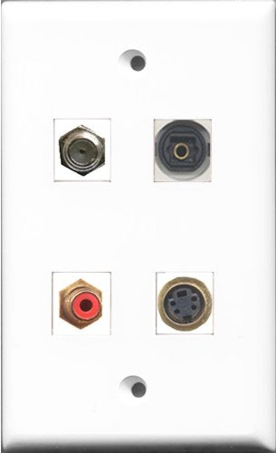 RiteAV 1 Port RCA Red and 1 Port Coax Cable TV- F-Type and 1 Port S-Video and 1 Port Toslink Wall Plate
