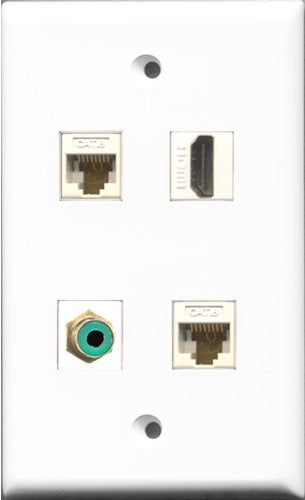 RiteAV 1 Port HDMI and 1 Port RCA Green 2 Port Cat6 Ethernet White Wall Plate