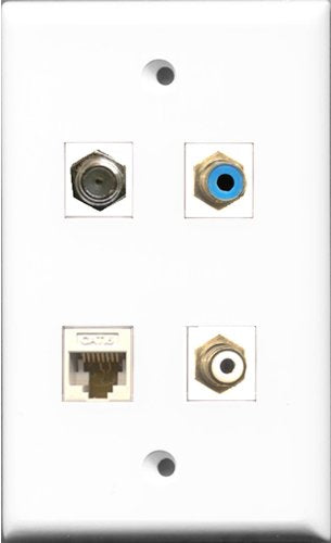 RiteAV 1 Port RCA White and 1 Port RCA Blue and 1 Port Coax Cable TV- F-Type and 1 Port Cat6 Ethernet White Wall Plate