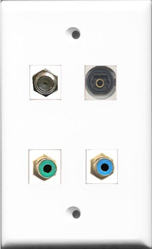 RiteAV 1 Port RCA Green and 1 Port RCA Blue and 1 Port Coax Cable TV- F-Type and 1 Port Toslink Wall Plate