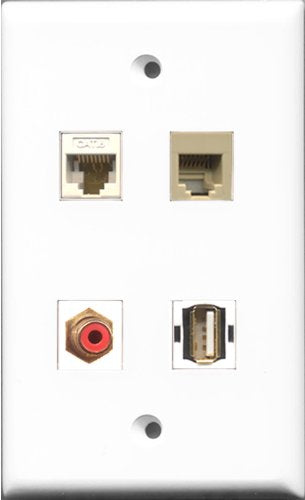 RiteAV 1 Port RCA Red and 1 Port USB A-A and 1 Port Phone RJ11 RJ12 Beige and 1 Port Cat6 Ethernet White Wall Plate