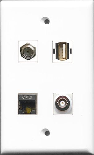 RiteAV 1 Port Coax Cable TV- F-Type and 1 Port USB A-A and 1 Port Shielded Cat6 Ethernet and 1 Port BNC Wall Plate