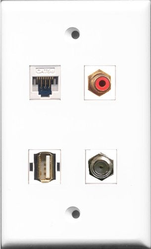 RiteAV 1 Port RCA Red and 1 Port Coax Cable TV- F-Type and 1 Port USB A-A and 1 Port Cat5e Ethernet White Wall Plate