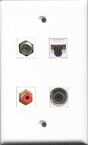 RiteAV 1 Port RCA Red and 1 Port Coax Cable TV- F-Type and 1 Port 3.5mm and 1 Port Cat5e Ethernet White Wall Plate